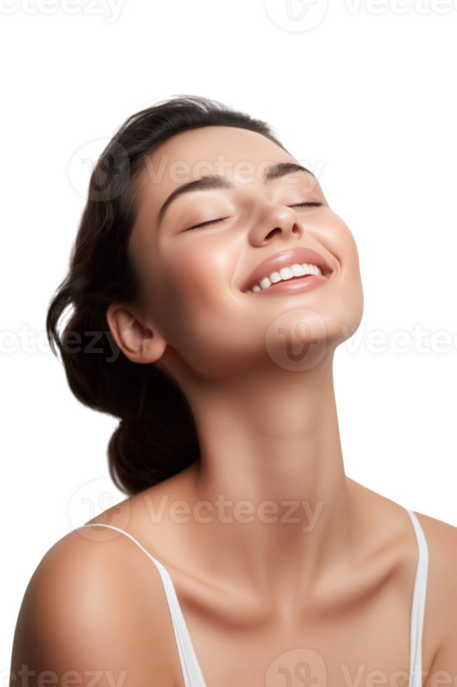 AI generated Portrait of young beautiful woman with perfect smooth skin, Perfect face, taking care after skin condition. Isolated on a transparent background. png