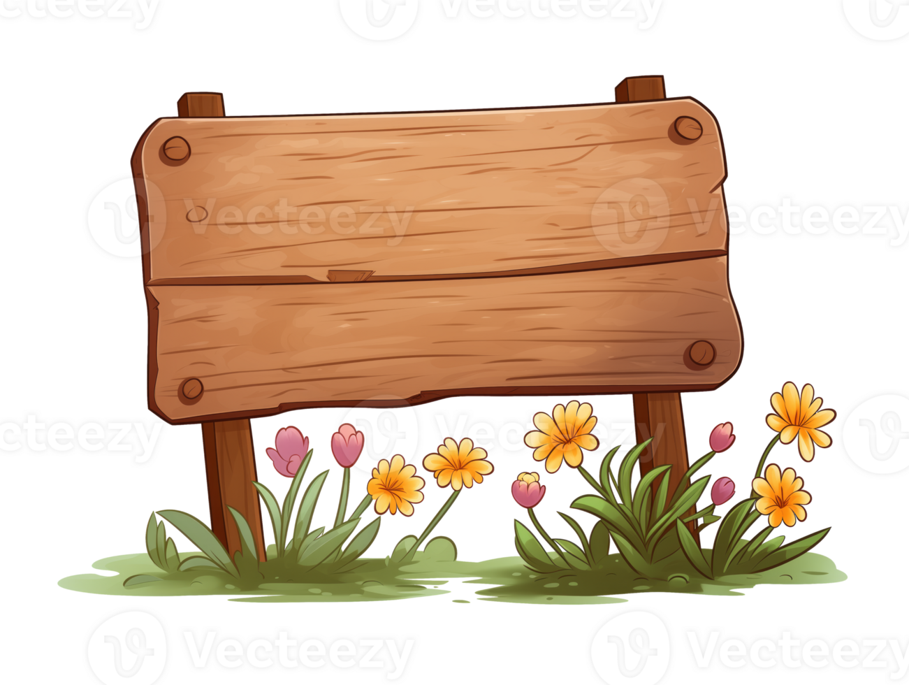 AI generated Wooden sign with flowers, no message, cartoon style, isolated on a transparent background. png