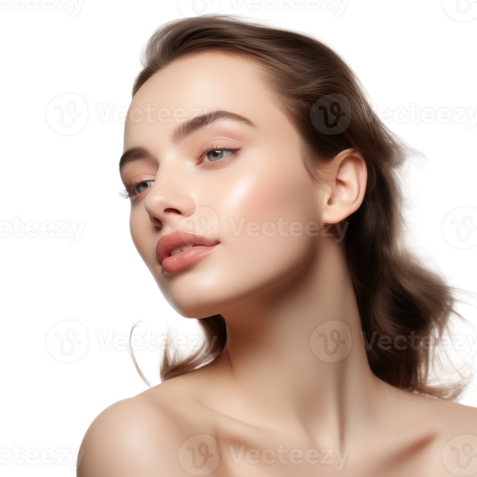 AI generated Portrait of young beautiful woman with perfect smooth skin, Perfect face, taking care after skin condition. Isolated on a transparent background. png