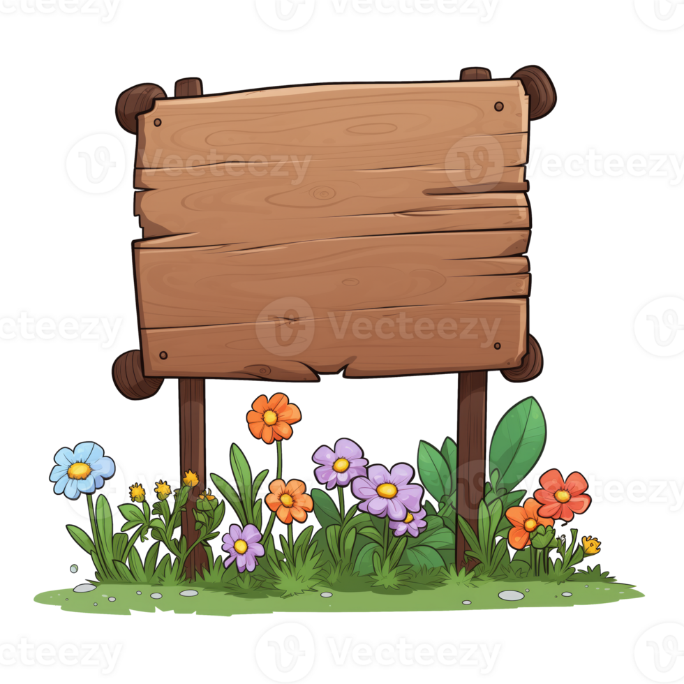 AI generated Wooden sign with flowers, no message, cartoon style, isolated on a transparent background. png