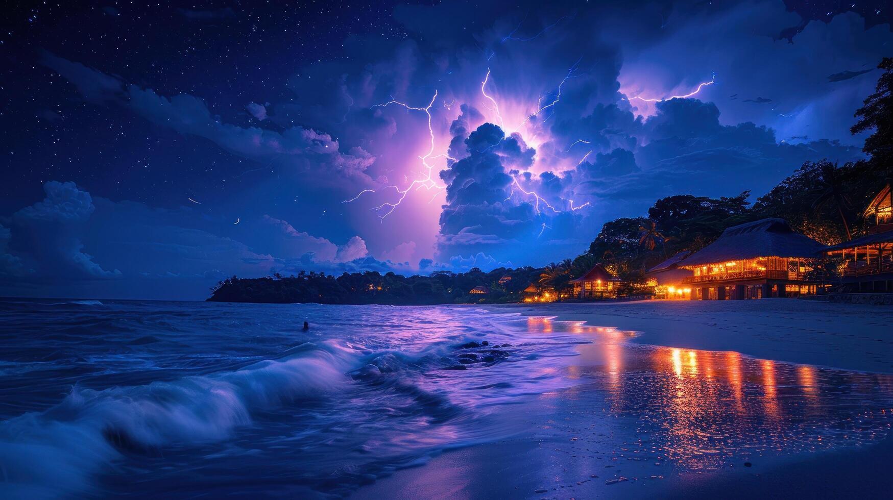 AI generated Lightning Storm Over Beach at Night photo