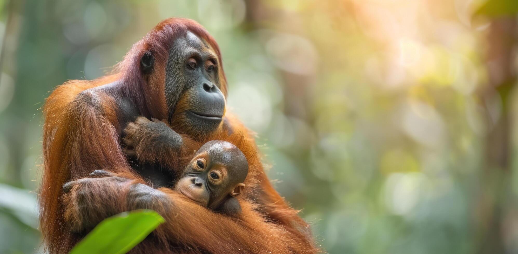 ai generado madre orangután participación bebé en árbol foto