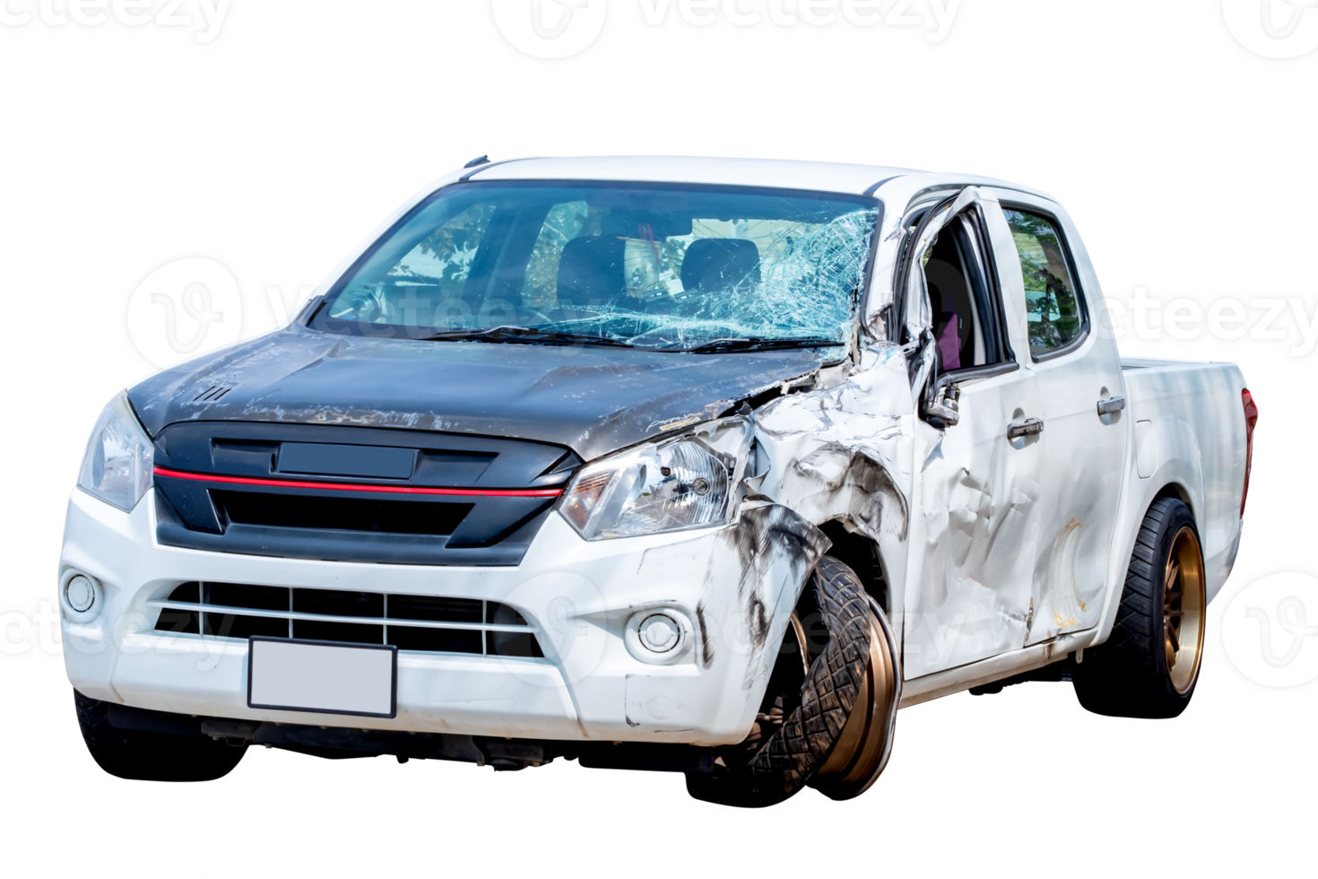 Car crash, Front and Side view of white pickup car get hard damaged by accident on the road. damaged cars after collision. isolated on transparent background, PNG File