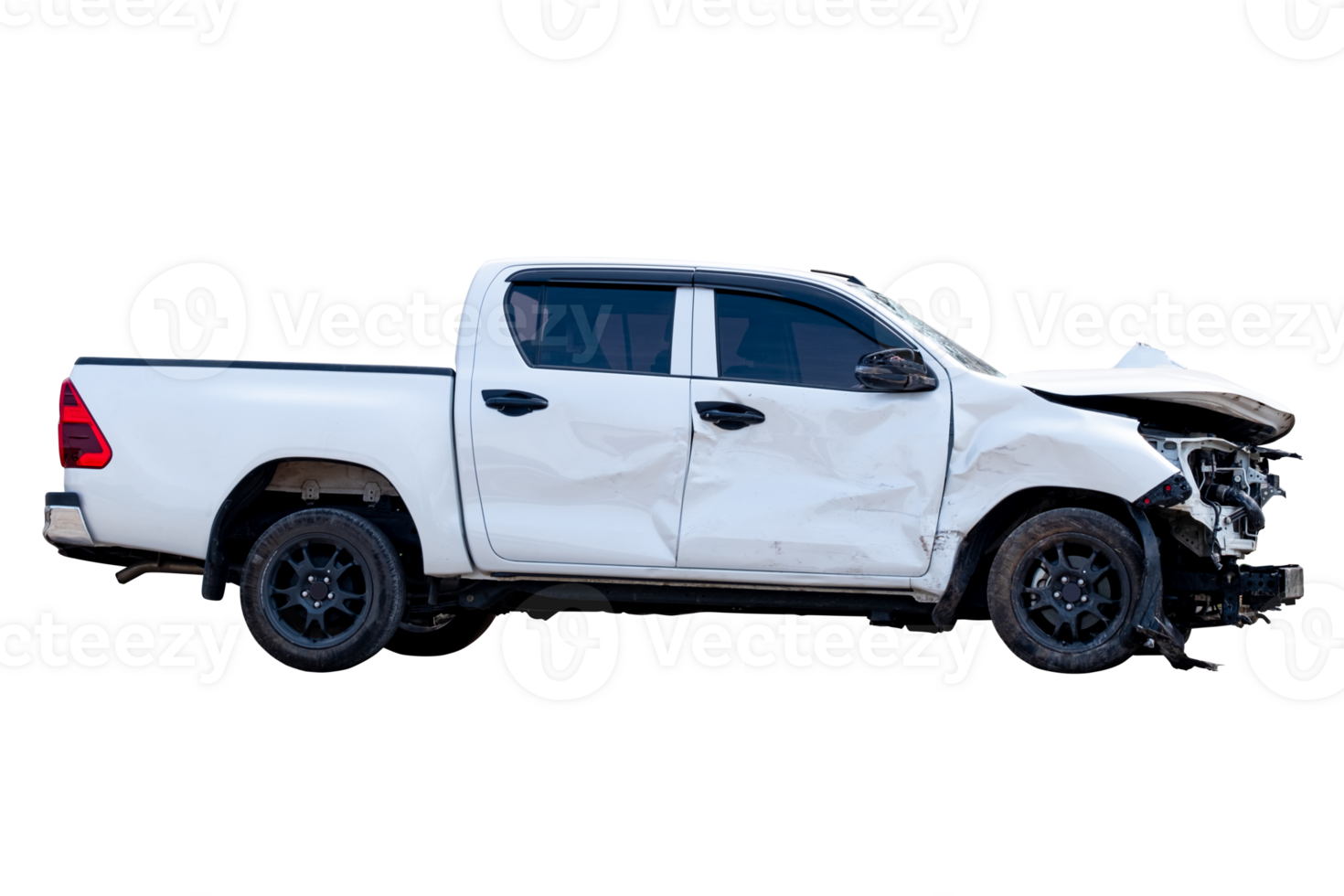 Car crash, Side view of white pickup car get hard damaged by accident on the road. damaged cars after collision. isolated on transparent background, PNG File