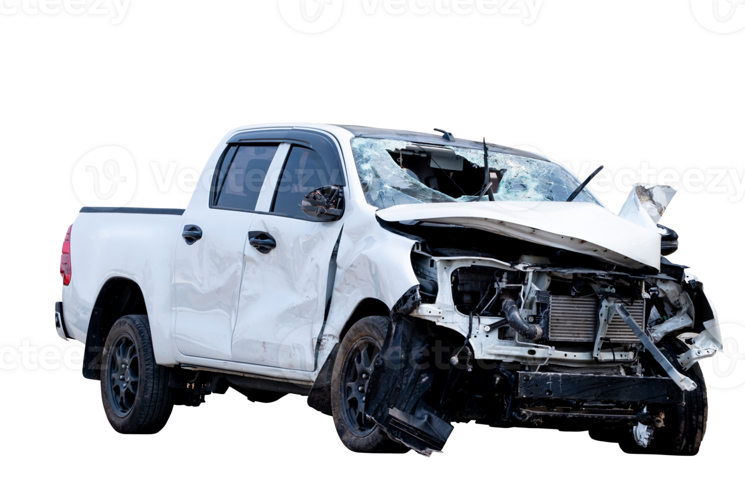 Car crash, Front and Side view of white pickup car get hard damaged by accident on the road. damaged cars after collision. isolated on transparent background, PNG File