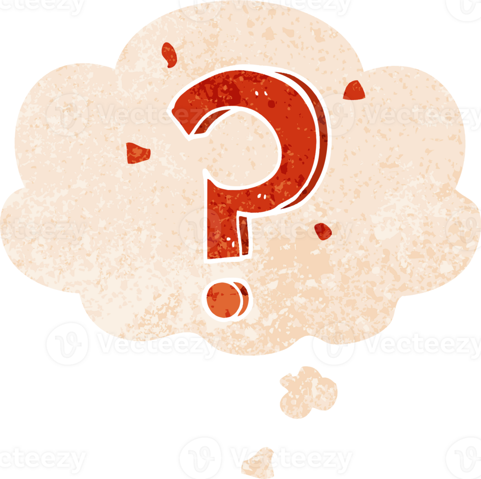 cartoon question mark with thought bubble in grunge distressed retro textured style png