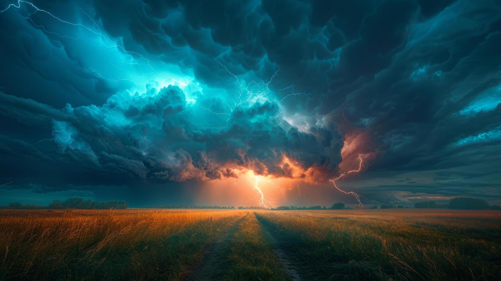 AI generated Large Field With Lightning Bolt in Sky photo