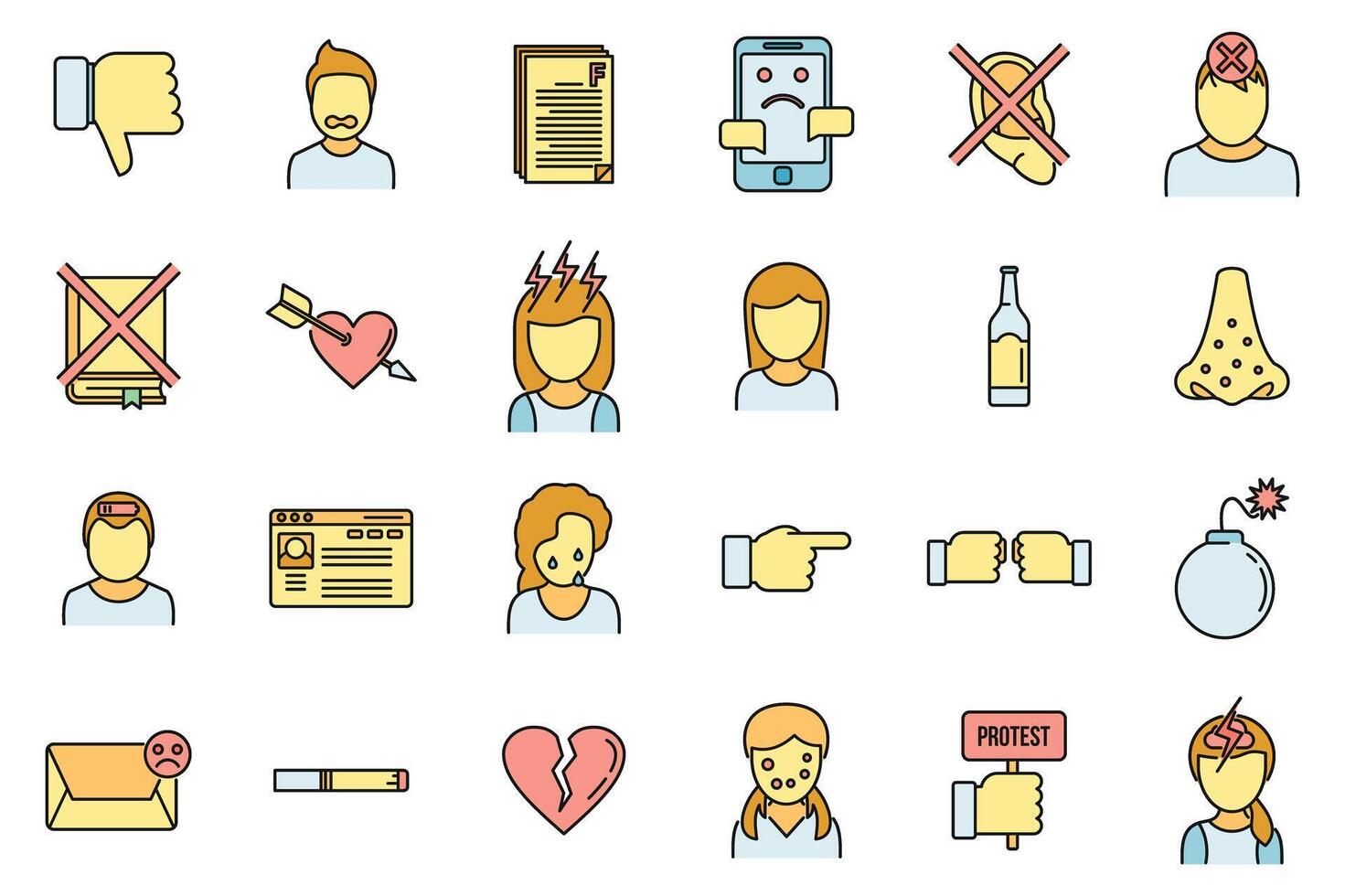 Modern teen problems icons set vector color line
