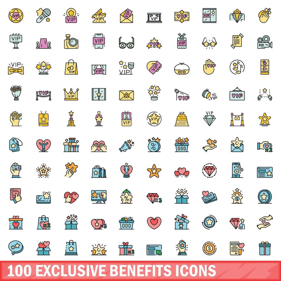 100 exclusive benefits icons set, color line style vector