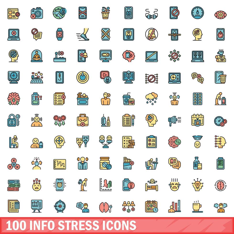 100 info stress icons set, color line style vector