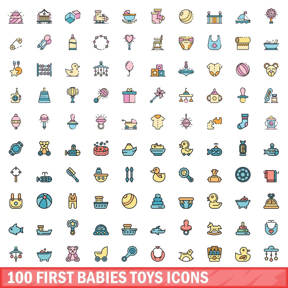 100 first babies toys icons set, color line style vector