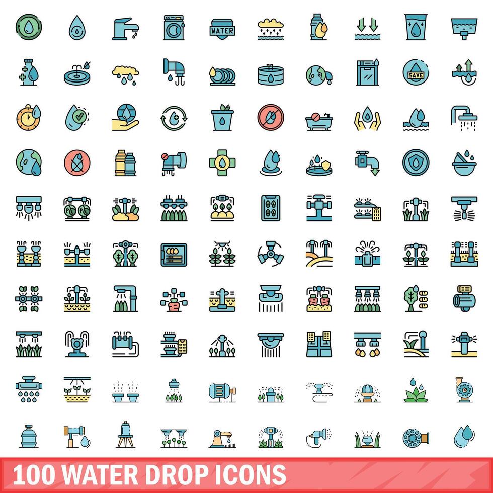100 water drop icons set, color line style vector