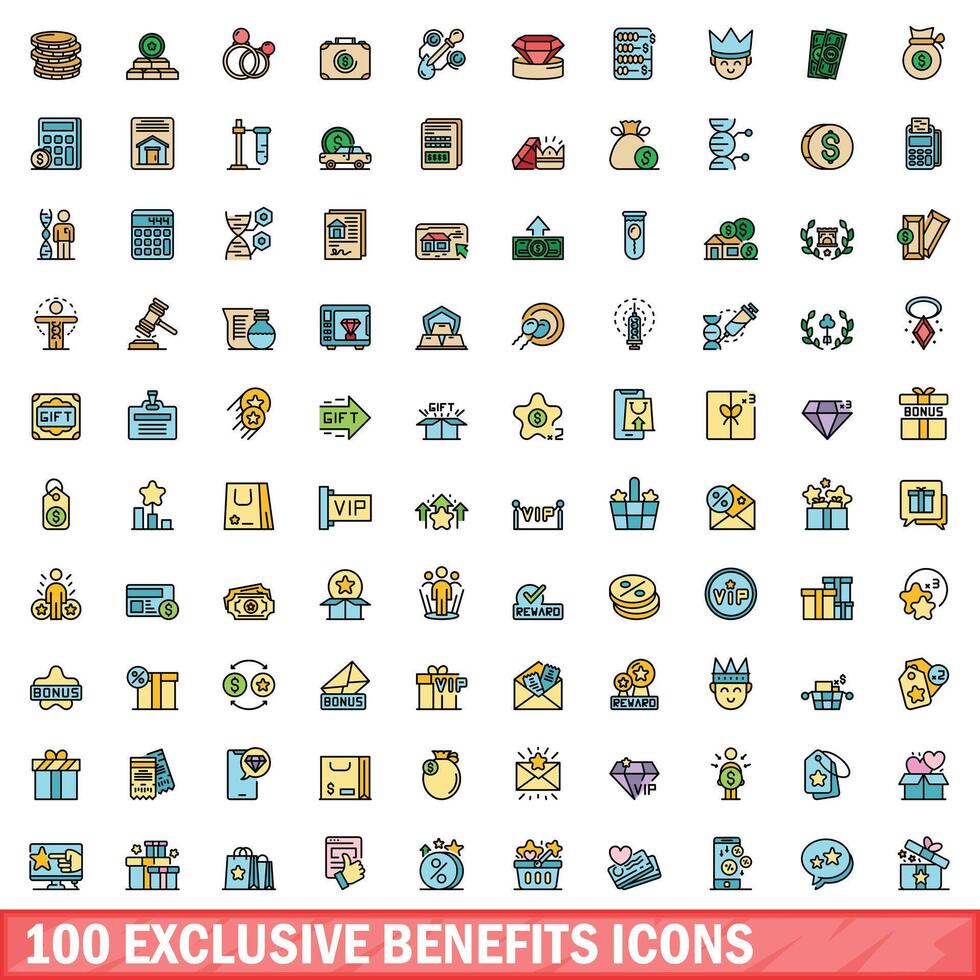 100 exclusive benefits icons set, color line style vector