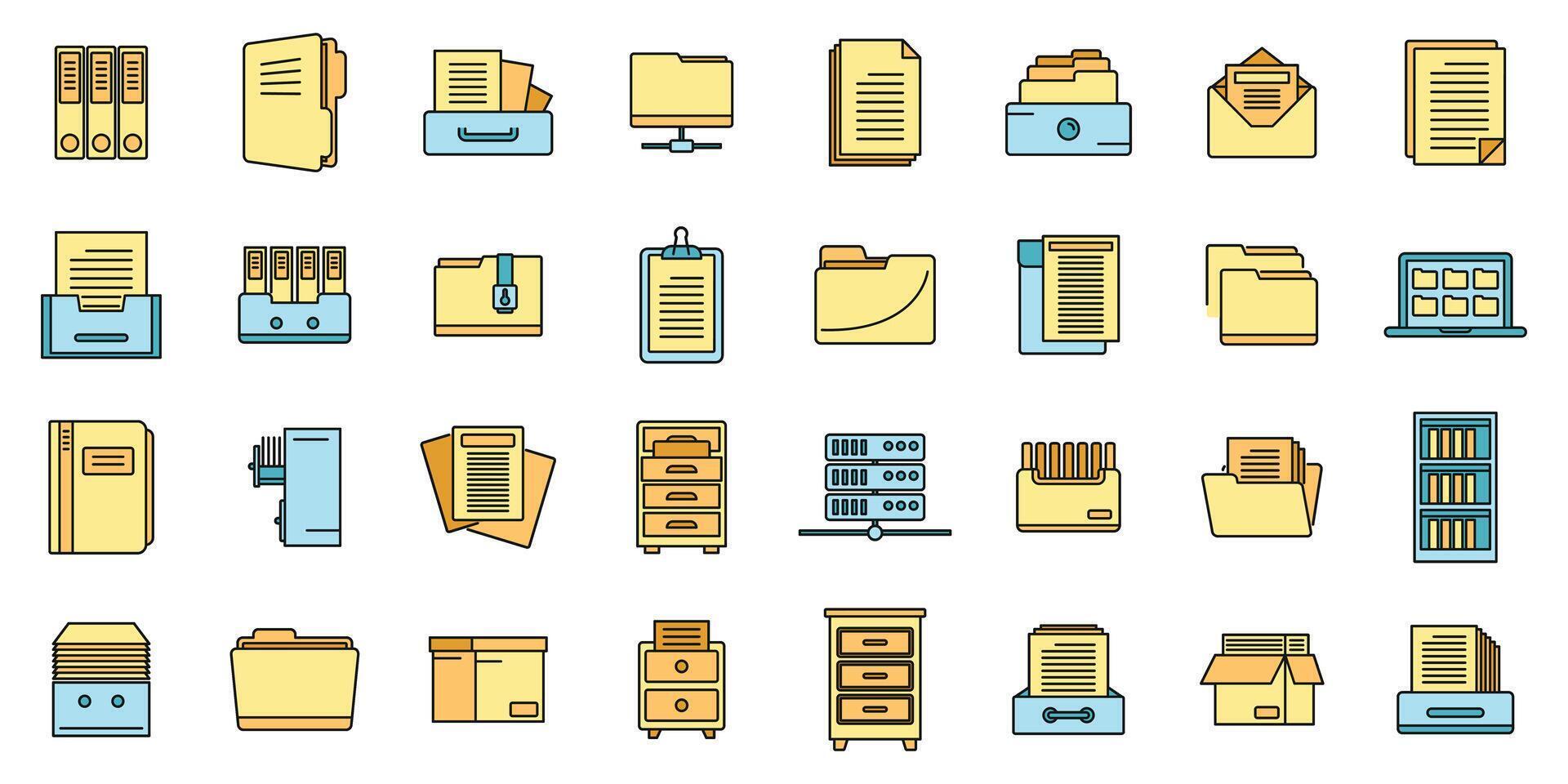 Office storage of documents icons set vector color line