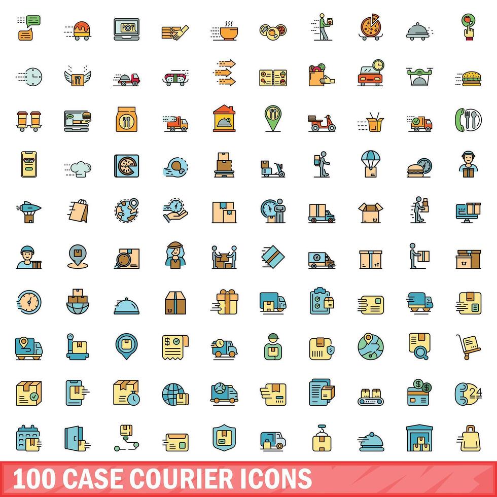 100 case courier icons set, color line style vector