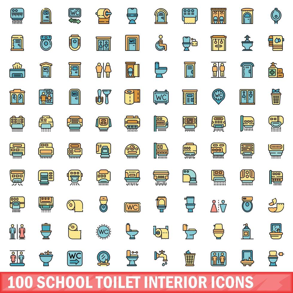 100 school toilet interior icons set, color line style vector