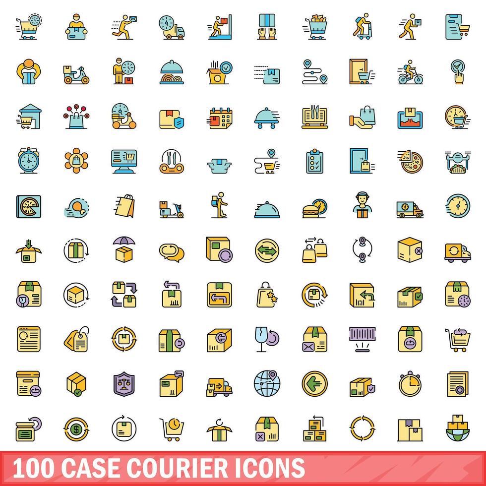 100 case courier icons set, color line style vector