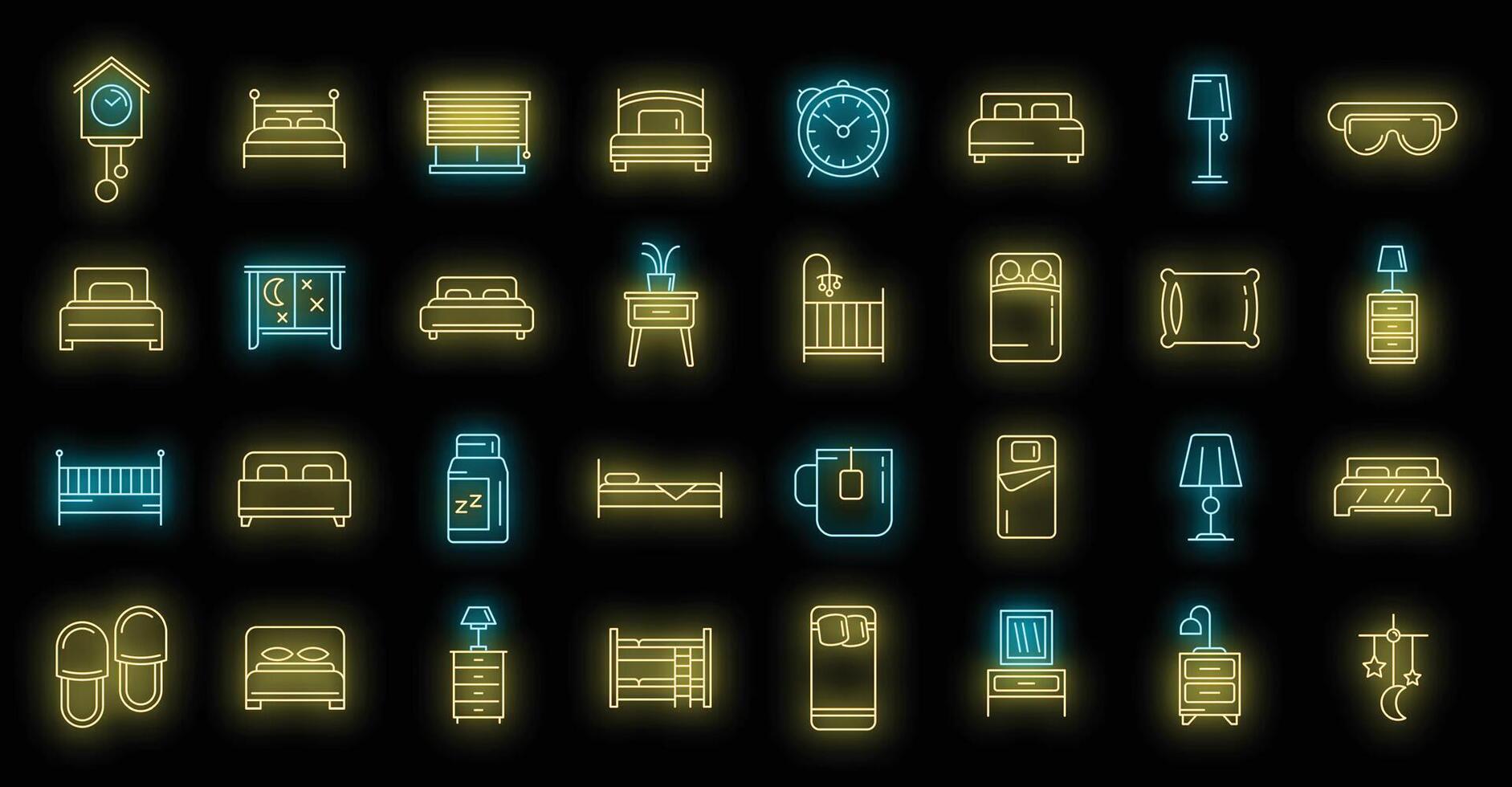 dormitorio, iconos, conjunto, vector, neón vector