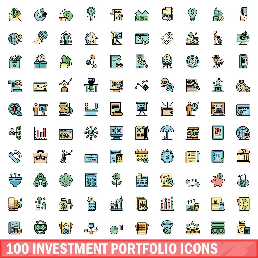 100 inversión portafolio íconos colocar, color línea estilo vector