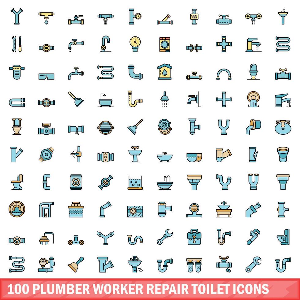 100 plumber worker repair toilet icons set, color line style vector