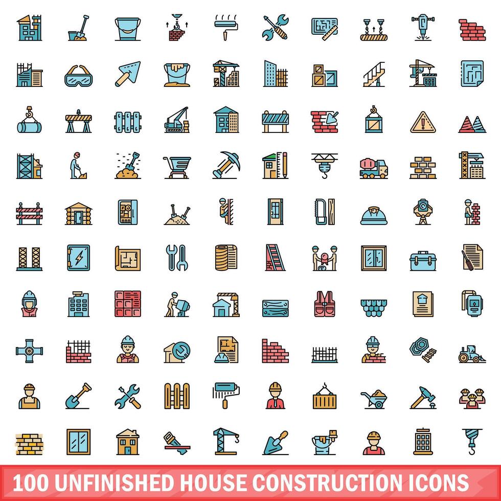 100 unfinished house construction icons set, color line style vector