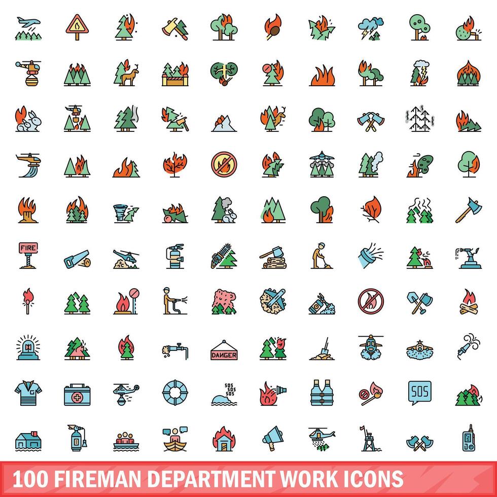 100 bombero Departamento trabajo íconos colocar, color línea estilo vector