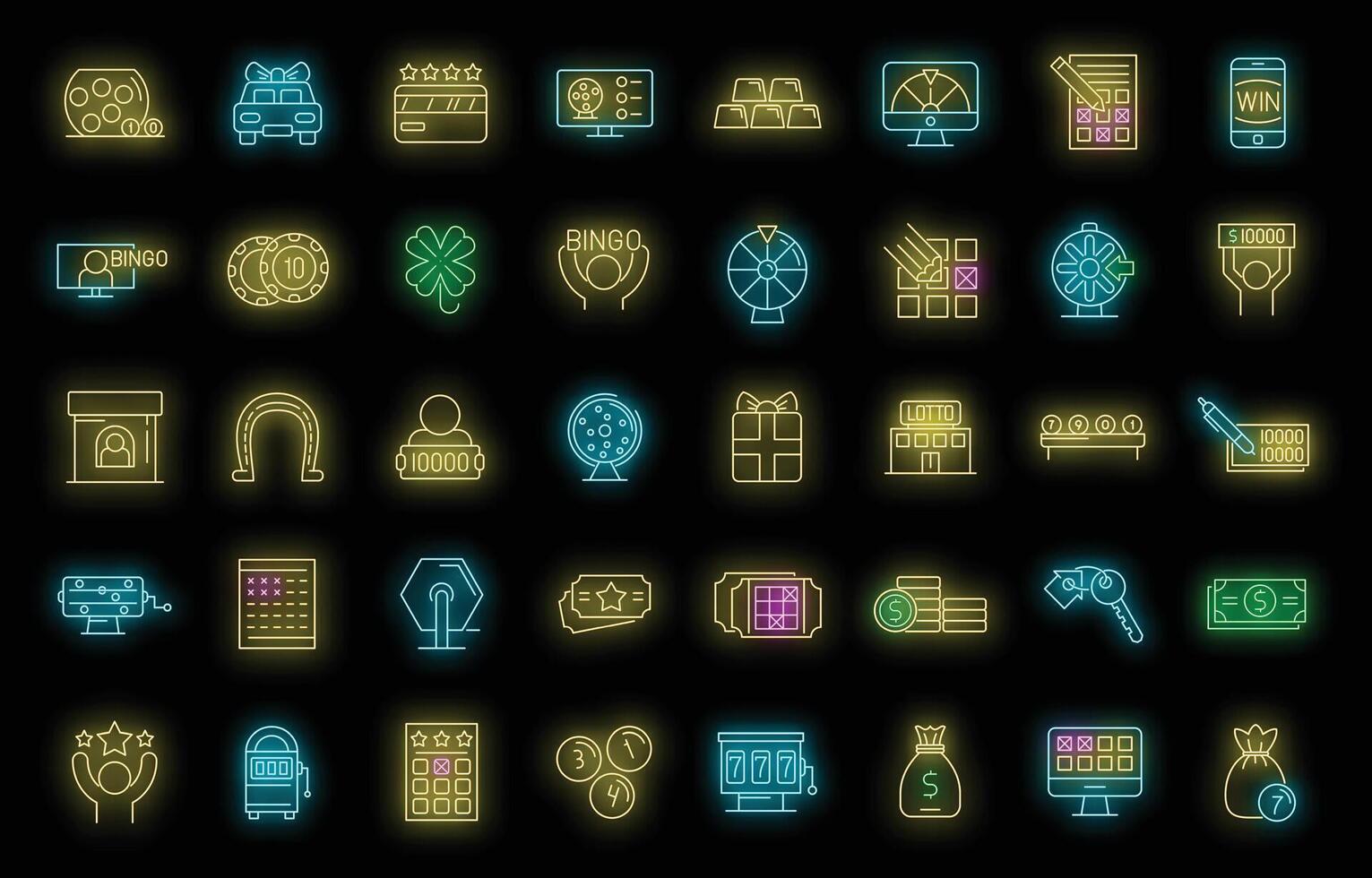 Lottery icons set vector neon