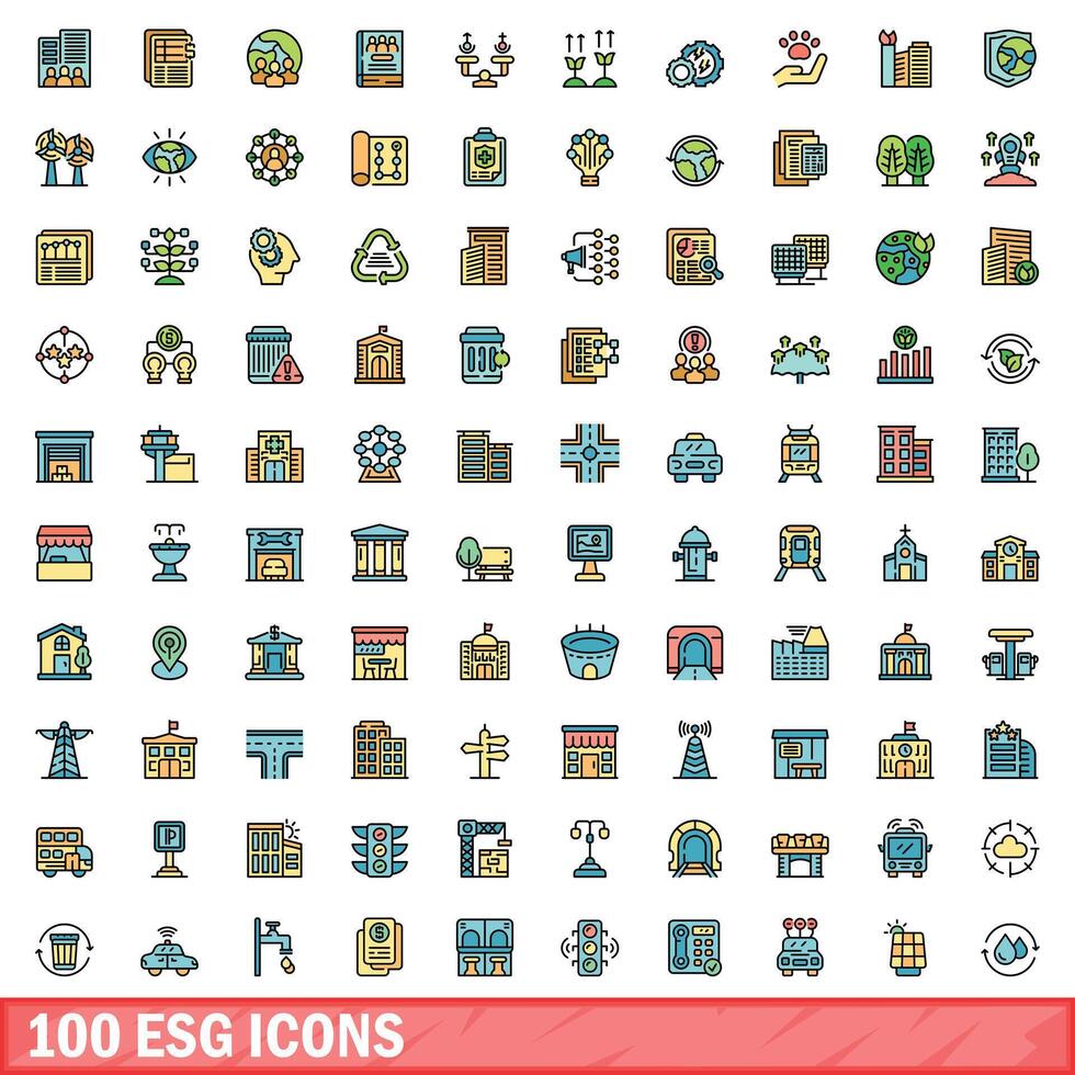 100 esg icons set, color line style vector
