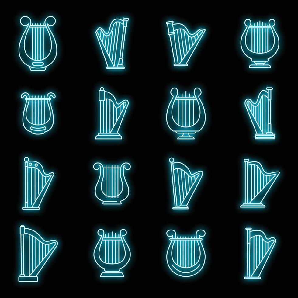 Harp instrument icons set vector neon