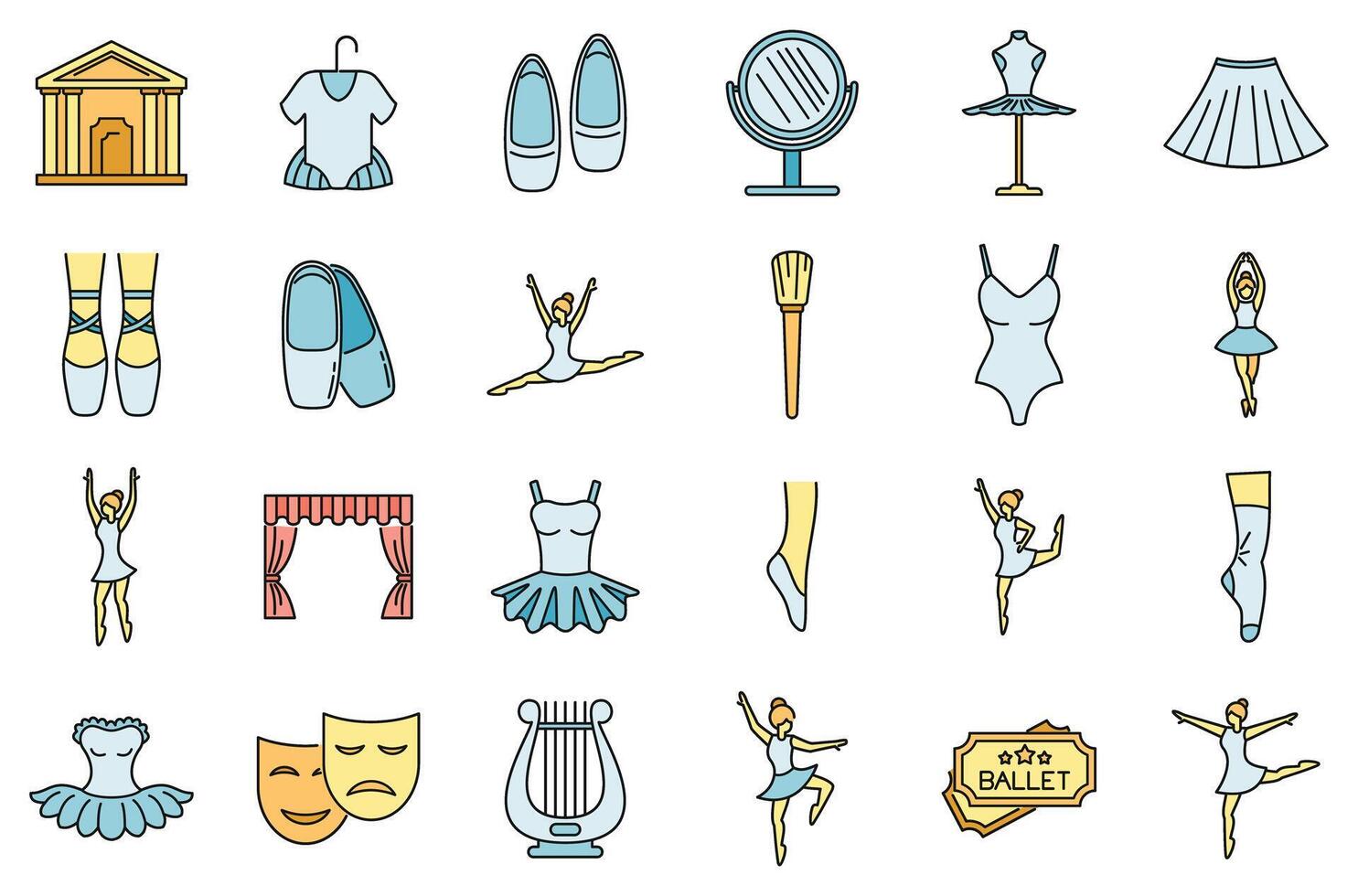 Theater ballet icons set vector color line