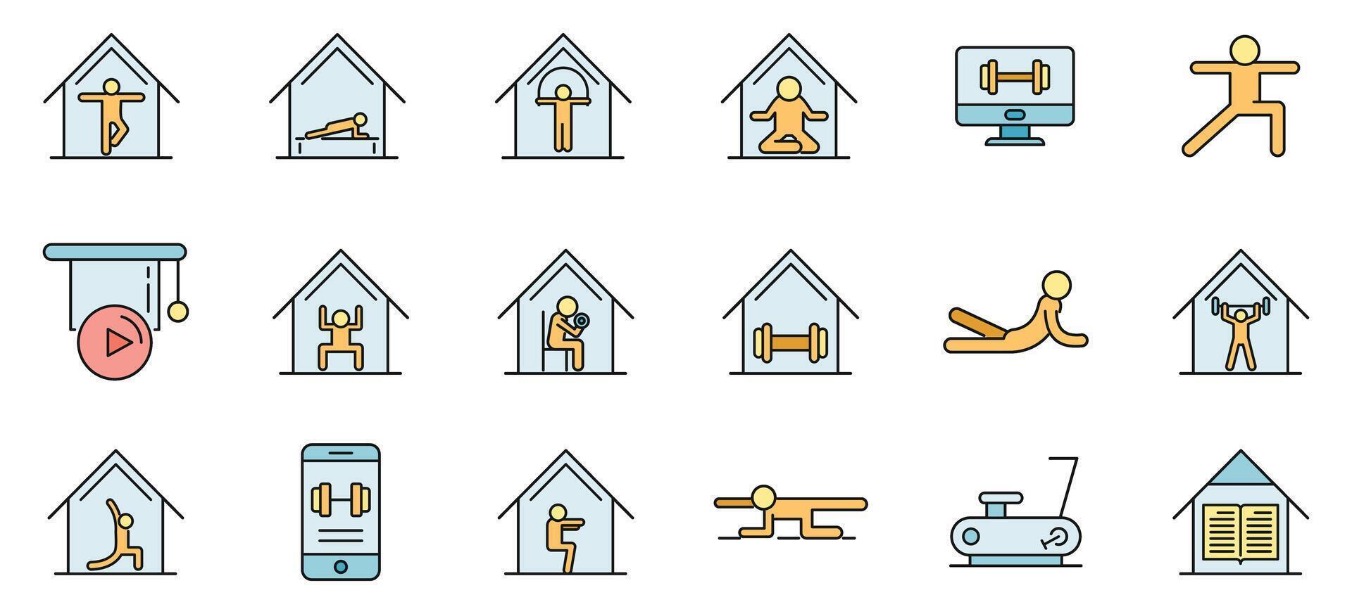 Home training icons set vector color line