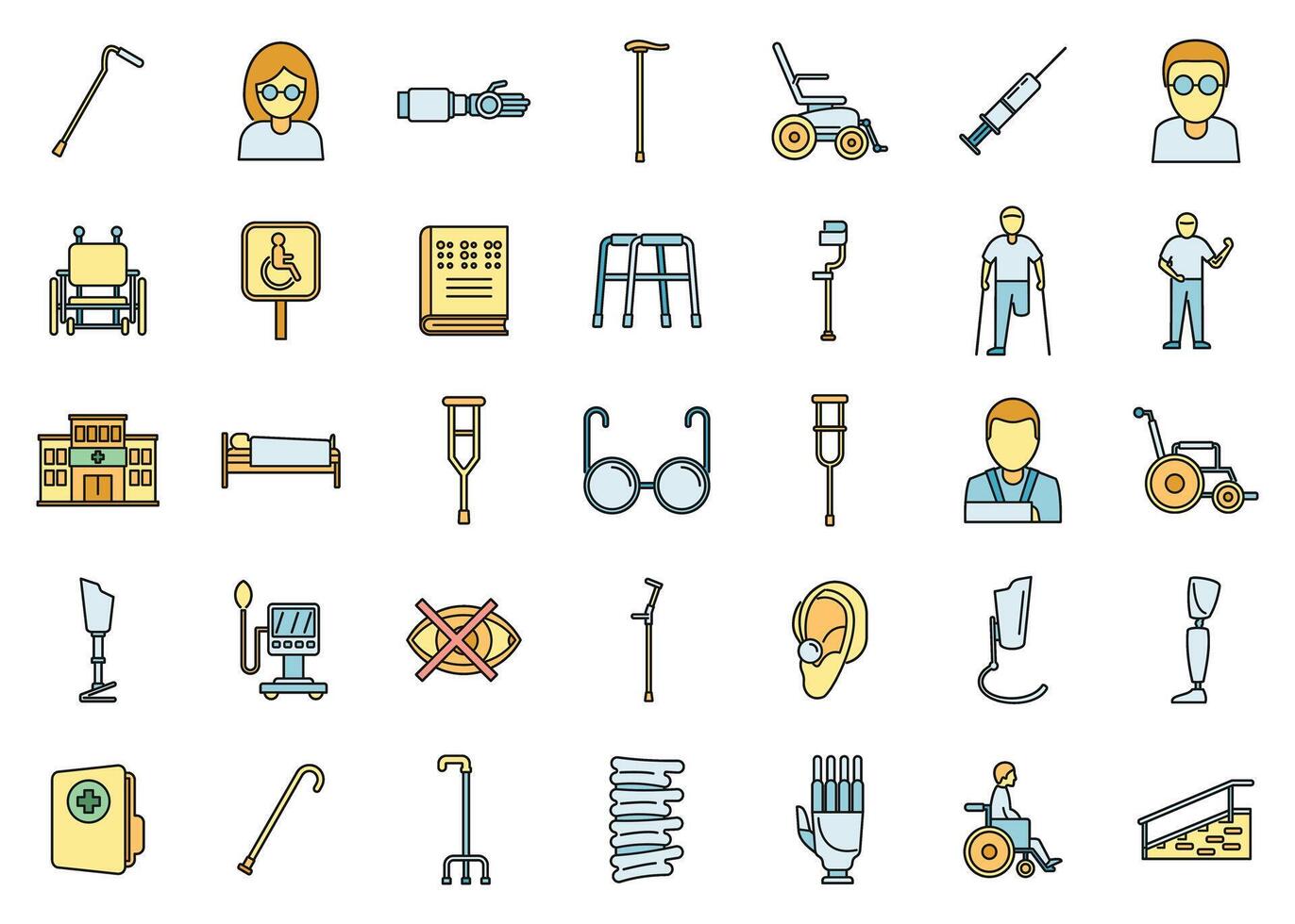 Handicapped hospital icons set vector color line