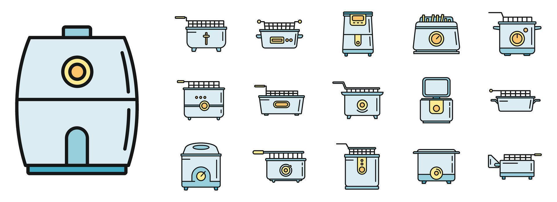 Cook deep fryer icons set vector color line