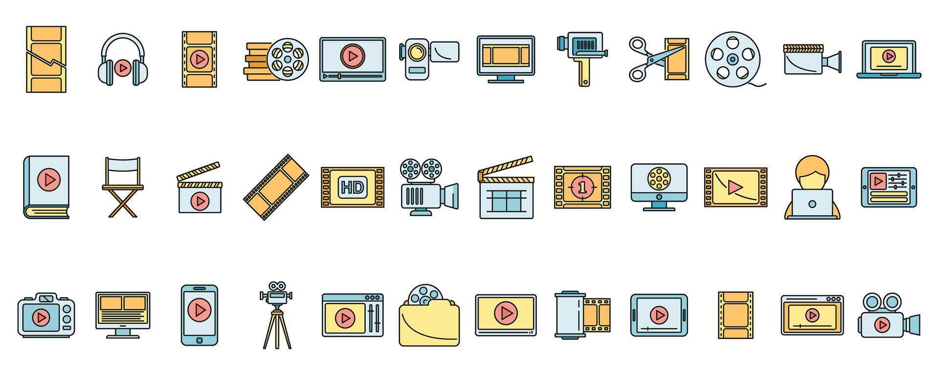 Online video editing icons set vector color line