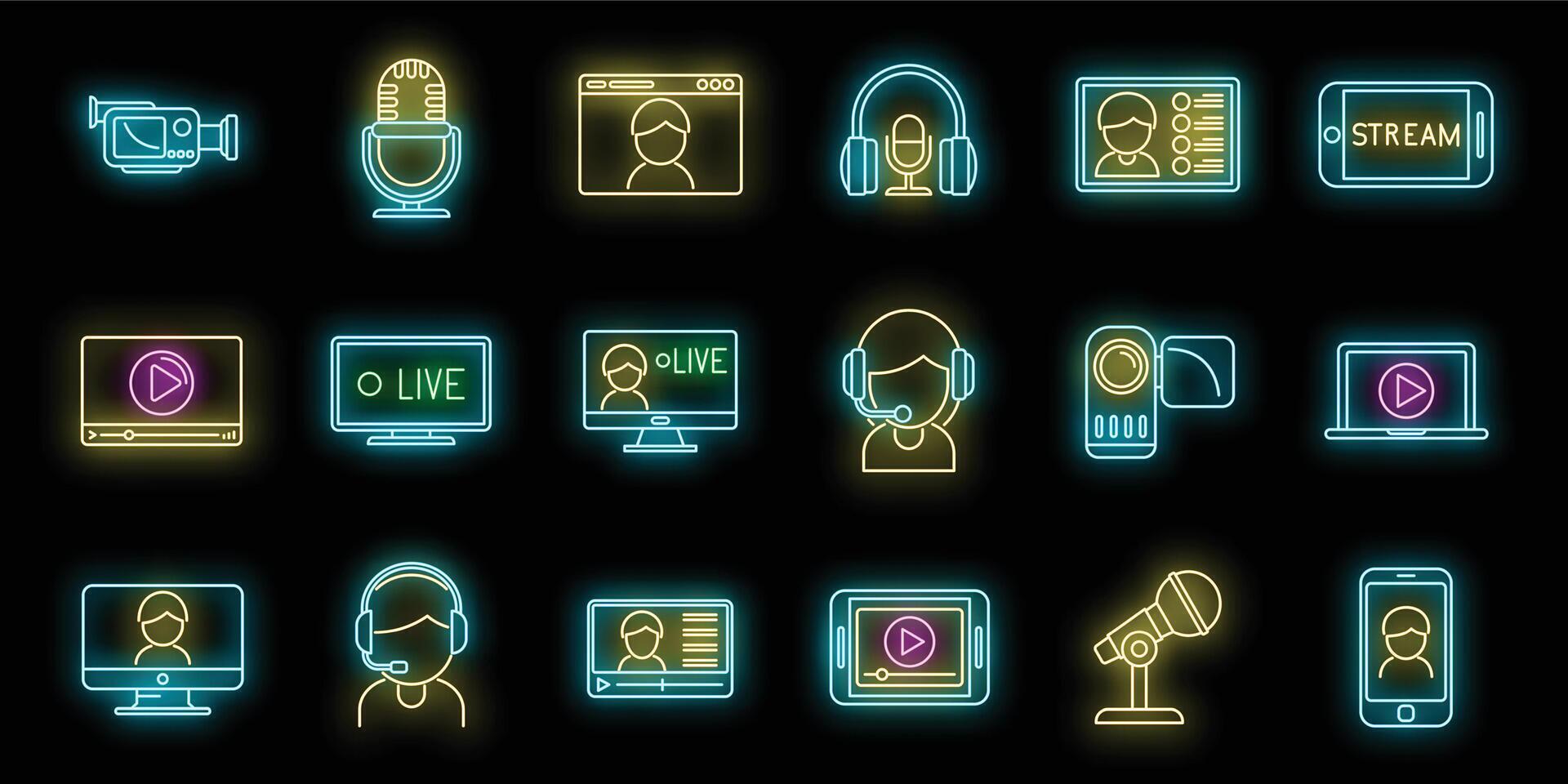 Live streaming icons set vector neon