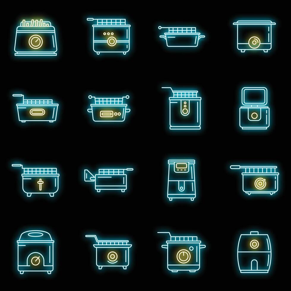 Cook deep fryer icons set vector neon