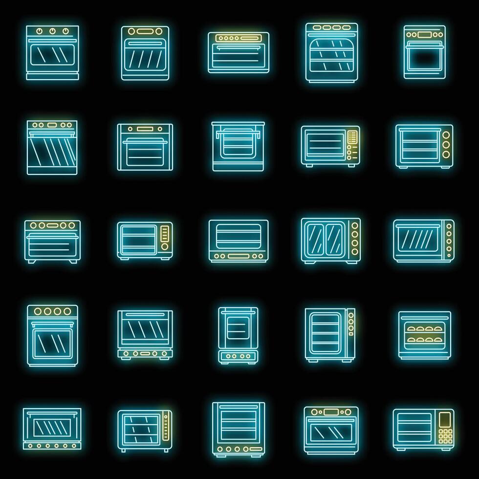 Convection oven appliance icons set vector neon