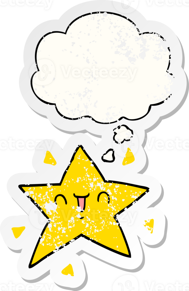 cartoon happy star with thought bubble as a distressed worn sticker png