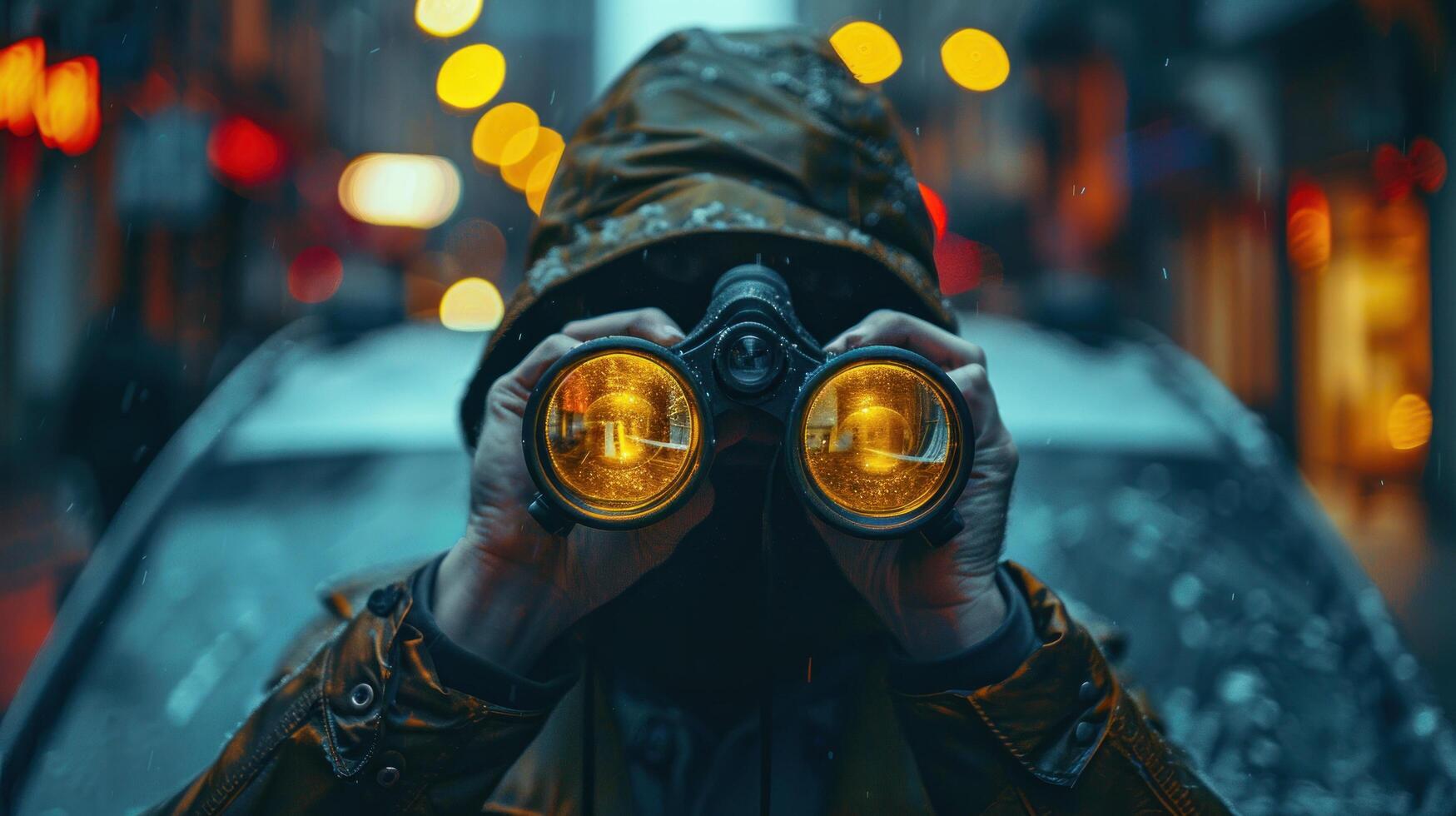 ai generado hombre mirando mediante prismáticos en ciudad a noche foto