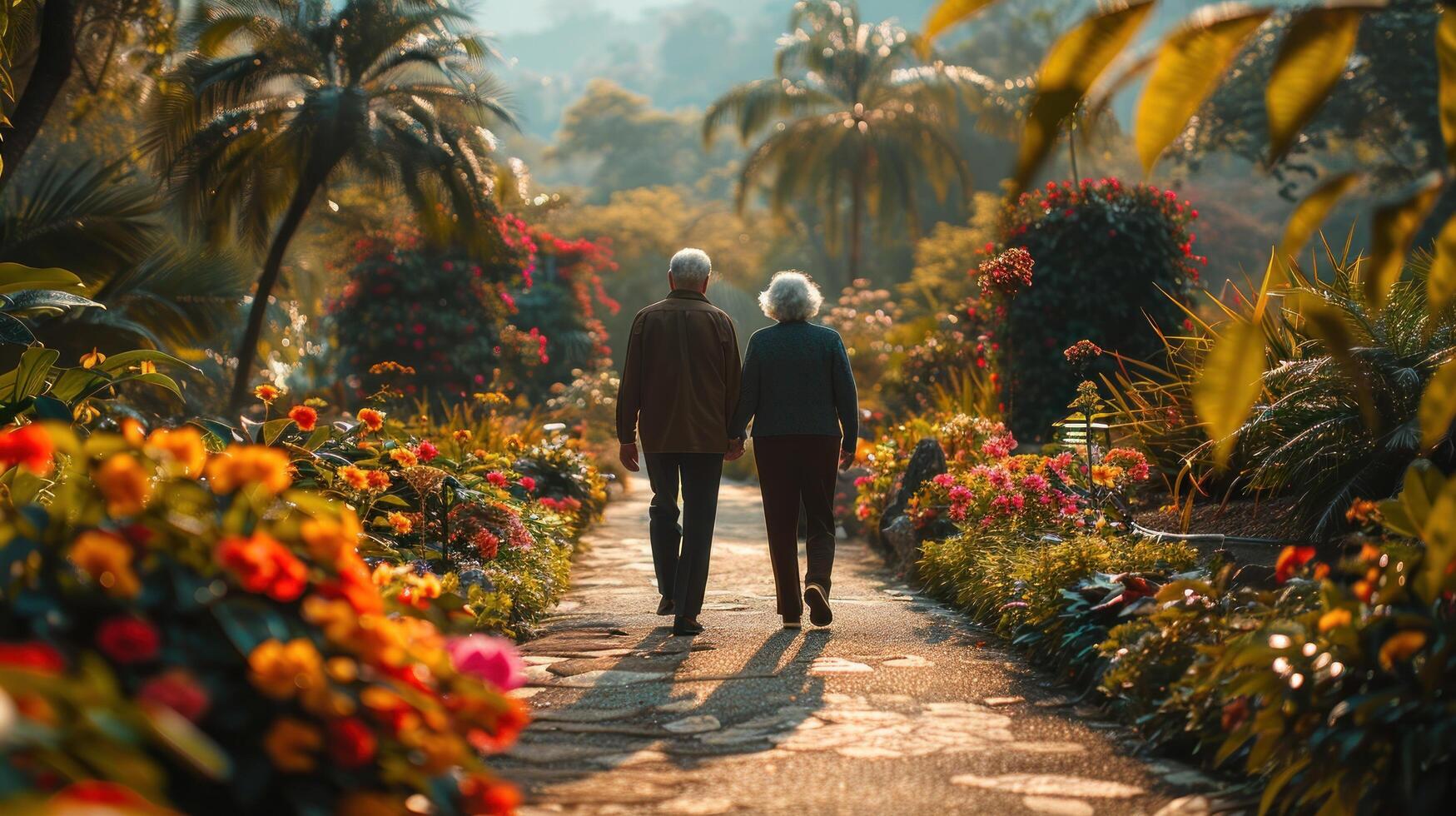 ai generado dos personas caminando a lo largo forrado de flores camino foto