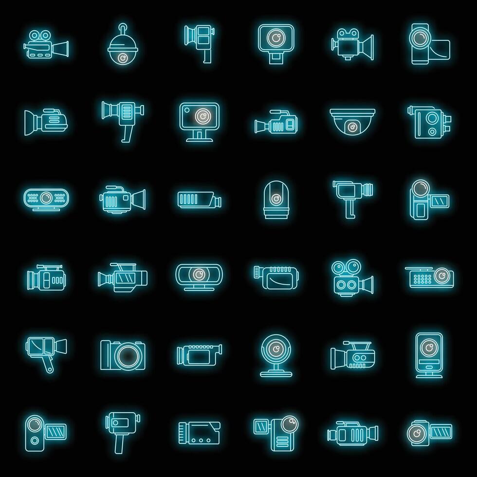 Camcorder device icons set vector neon