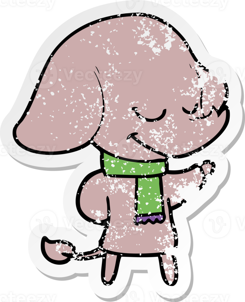 distressed sticker of a cartoon smiling elephant wearing scarf png