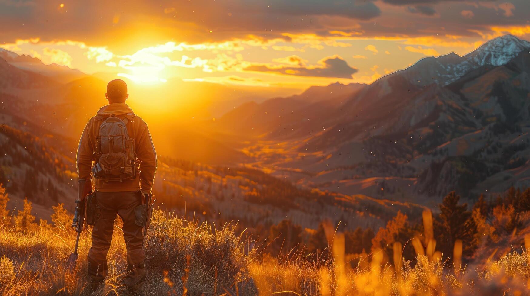 AI generated Man Holding Rifle on Mountain Top photo