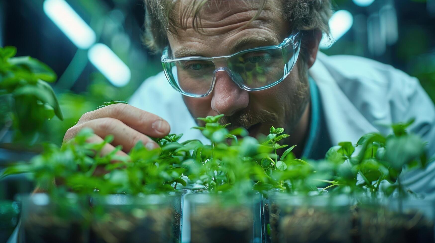 AI generated Man in White Shirt and Blue Gloves Working in Greenhouse photo