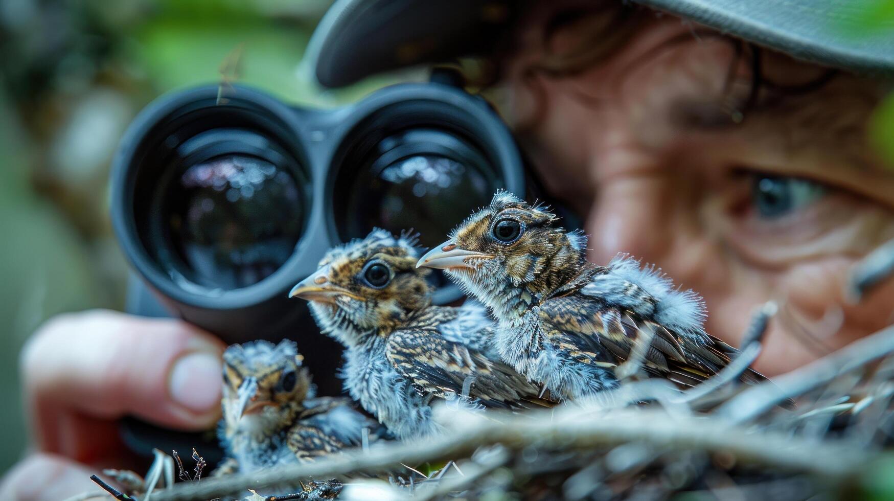 ai generado hombre observando bebé aves mediante prismáticos foto