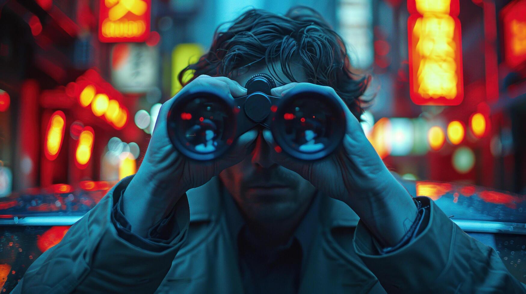 AI generated Man Looking Through Binoculars in City at Night photo