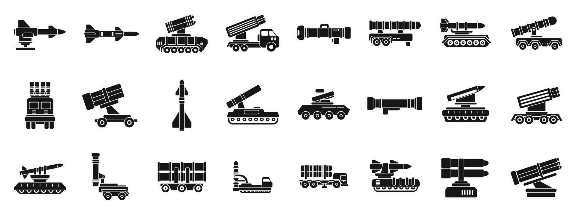 Anti aircraft missile system icons set simple vector. Artillery gun vector