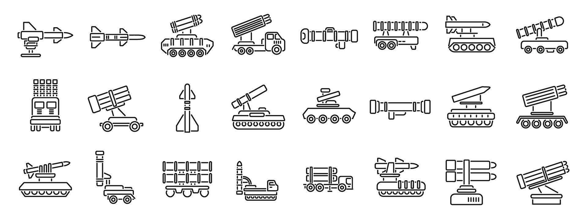 anti aeronave misil sistema íconos conjunto contorno vector. artillería pistola vector