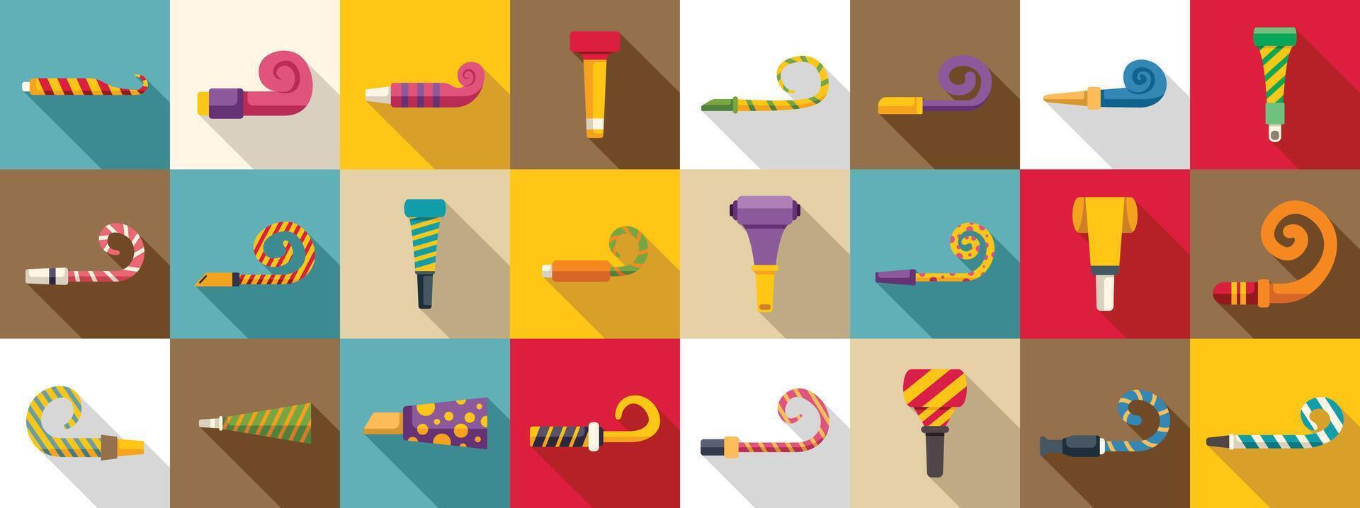 Party blower icons set flat vector. Whistle horn happy vector