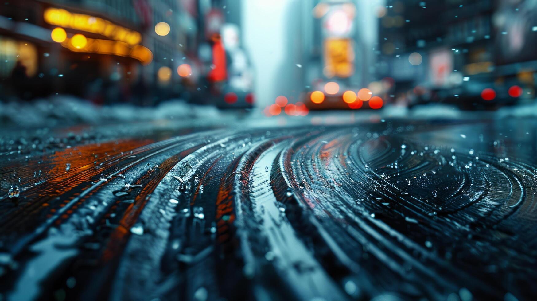 ai generado ciudad calle con carros y edificios en un lluvioso día foto